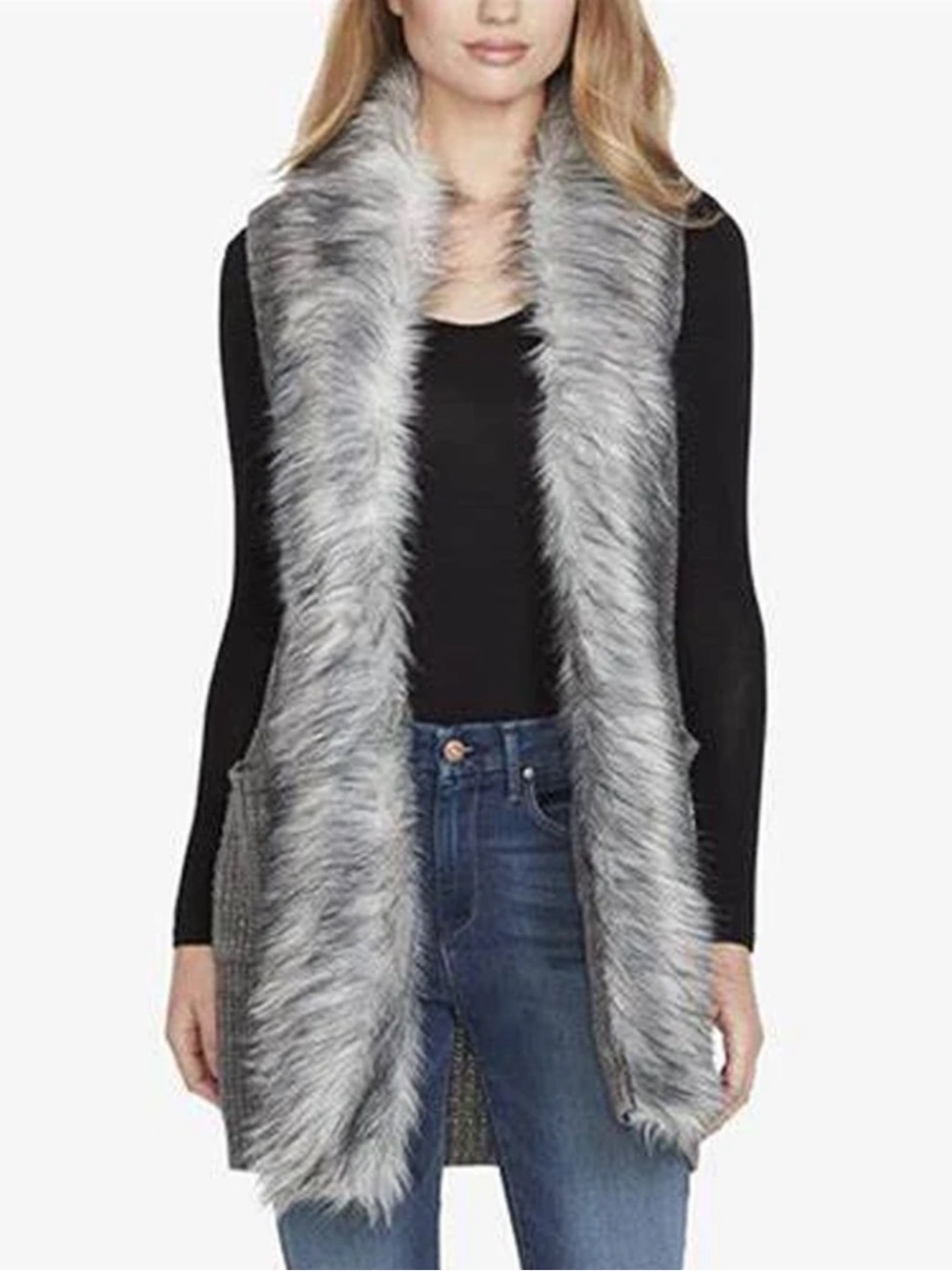 Jessica Simpson Faux Fox Fur Knit Sweater Vest Cardigan Black Women Small - Picture 9 of 9